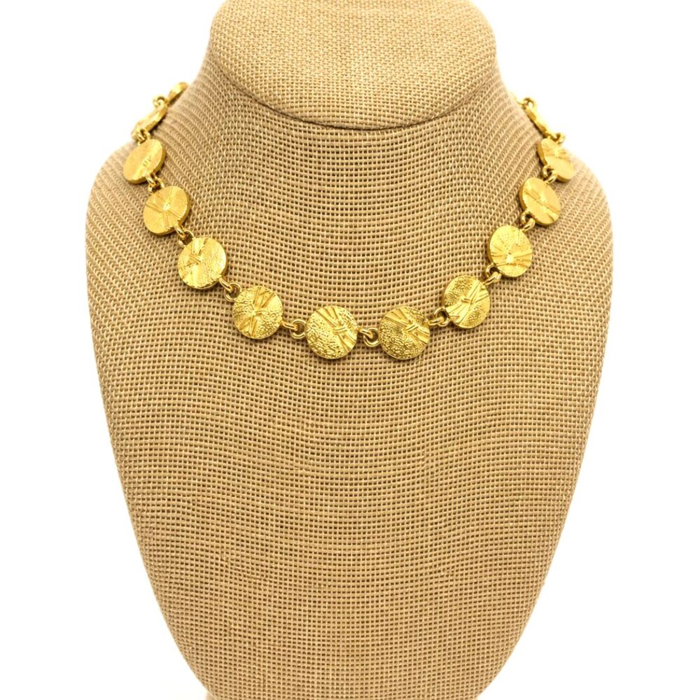 VINTAGE DISC NECKLACE Gold Tone Reversible Starburst 70s Modernist Choker